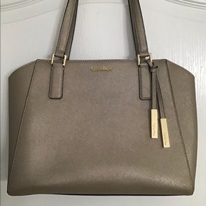 Calvin Klein Saffiano Leather Tote Bag Purse Taupe